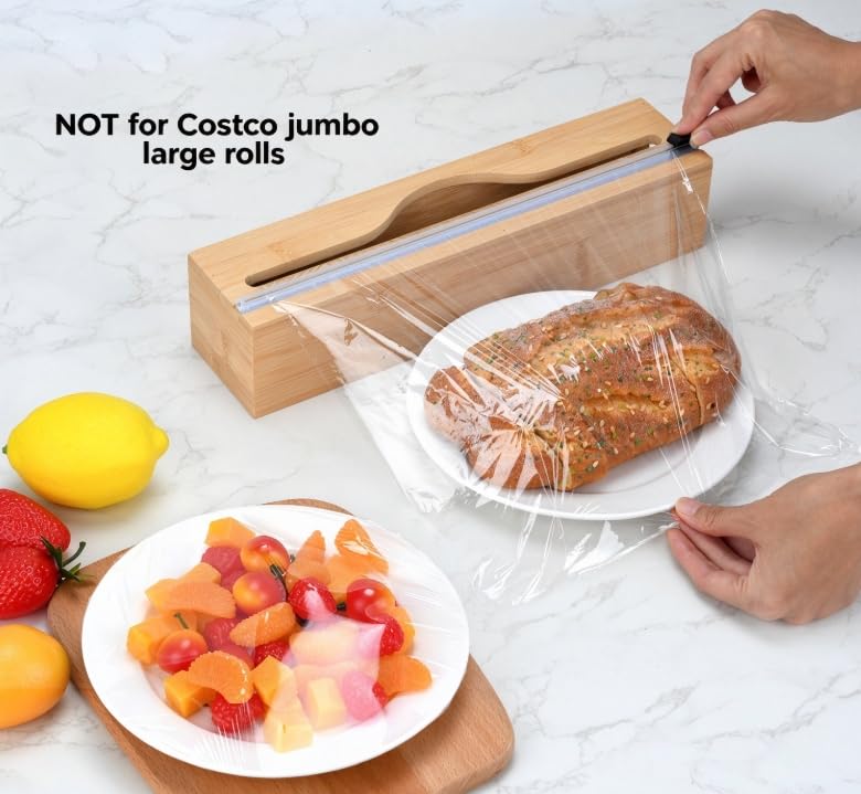 Bamboo Plastic Wrap Dispenser with Cutter, Slide Cling Holder for 12