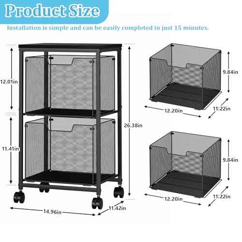 Rolling File Cart with 2 Storage Drawers, Under Desk Storage, Hanging File Folder Organizer with Wheels, Printer Stand Utility Craft Cart Filing Cabinet for Home Office,Black
