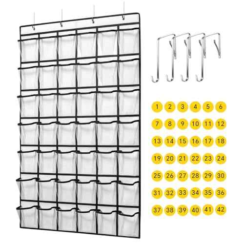 42 Clear Pockets Classroom Pocket Chart for Cell Phones and Calculator, Pocket Chart Organizer for Classroom Phone Storage Holder with 42 Number Sticker and Hooks (White)