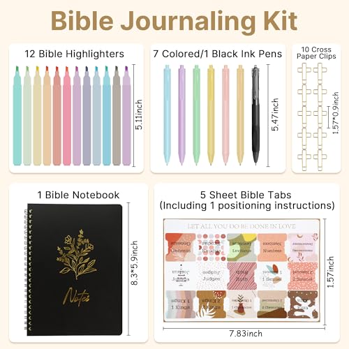 Bible Cover Case for Women, Large Quilted Bible Bag with Shoulder Strap and Handle, Bible Study Supplies Journaling Kit with Highlighters Pens No Bleed Tabs Notebook Cross Clips (Black)