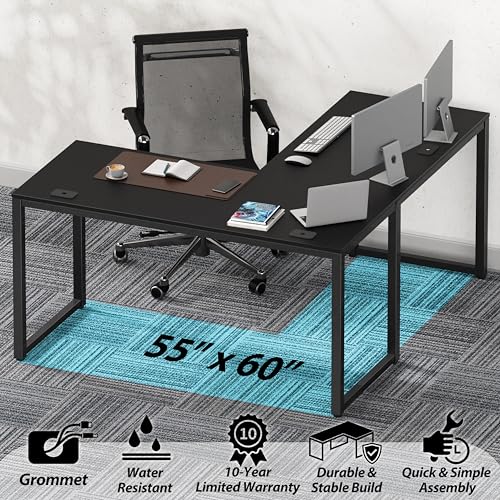 SHW 55-Inch Black L-Shaped Commercial Office Desk - 60" Version with Cable Grommets