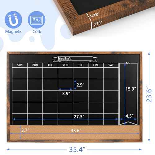 Board2by Monthly Chalkboard Calendar & Cork Board Combo, 24" x 36", Magnetic, Wall Mounted, Blackboard for Office, Kitchen, School, Home