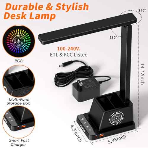 LED Desk Lamp for Office Home, Eye-Caring Desk Light with USB Port & RGB Phone Holder, 3 Color¡¿4 Brightness, Adjustable Arm, Touch-Control Lamp for Reading/Bedroom (Black)