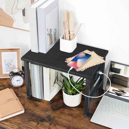 HOOBRO Printer Stand for Desk, Desktop Printer Stand with Charging Station, Small Printer Table with Storage Hook, Under Desk Printer Cart, File Rack for Home Office, Black BB01UPS01