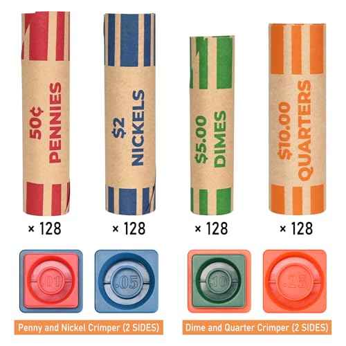 THEBLUETOUCH 512 Preformed Coin Roll Wrappers, Coin Wrapper Assorted with Crimped Edge Sealer - 128 Each for Pennies, Nickels, Dimes, Quarters