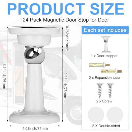 Moxweyeni 24 Pack Magnetic Door Stoppers Magnetic RV Door Stopper Stainless Steel Heavy Duty Stops RV Holder Keep Open for Wall and Floor Mounting No Drilling Stop with Adhesive Tapes(White)