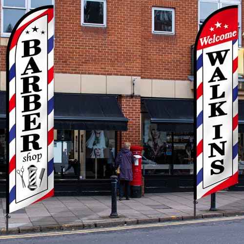 2 Pcs Barber Flag for Outside Barbershop Themed Swooper Flag Open Feather Barber Sign Welcome Banner for Salon Business Outdoor Advertising Outside(NOT INCLUDE POLE KIT)(12 x 2.5 ft)