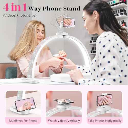 LIONVISON Half Moon Light for Nail Desk: 31-inch Manicure Table Light with Phone Holder for Beginner DIY - 48W Professional Half Moon Lamp for Nail Tech,Eyelash,Makeup,Tattoo