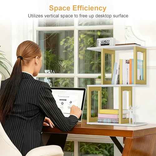 Book Shelf, 3-Tier Desk Shelf for Desktop Organizer, Wood and Metal Desktop Shelf Display Shelf Desk Hutch for Dorm Office Home White with Gold
