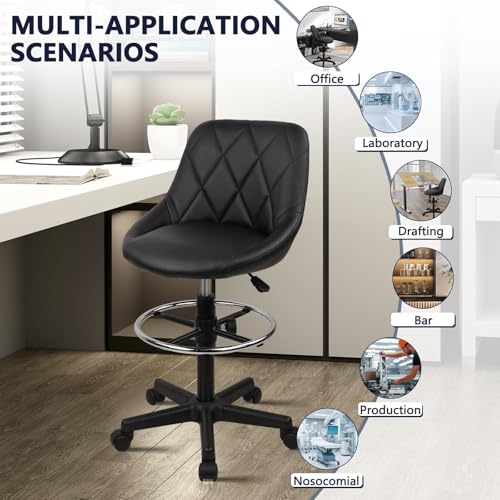 KLASIKA Drafting Chair with Backrest & Wheels, Adjustable Footrest, PU Leather, Black Footrest, 1PK