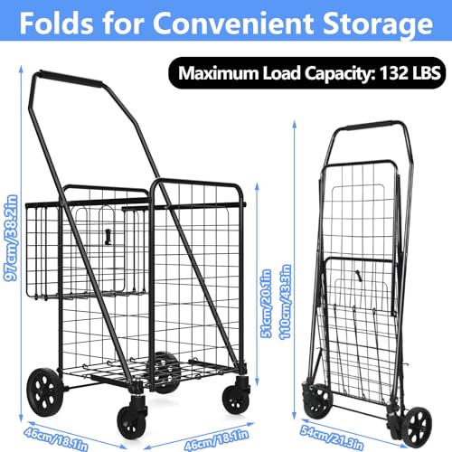Heavy-Duty Folding Shopping Cart with Waterproof Liner & 360¡Æ Swivel Wheels | Collapsible Grocery Cart for Easy Transport, Ideal for Laundry, Shopping, and Travel ? 132 LBS Capacity