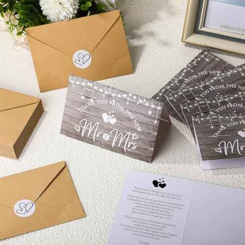 Spakon 100 Sets Wedding Thank You Cards with Envelopes and Stickers Wedding Themed Kraft Paper Thank You Card with Message Mr and Mrs Thank You Notes for Bridal Shower Anniversary Guests (Rustic)