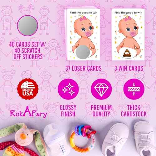 RokAPary Baby Shower Girl Scratch Off Poop Game, Easy to Play Silly Games, Funny Idea, Ice Breaker Activity. Raffle Cards, Pink Pacifier, Set of 40 Cards Made in USA
