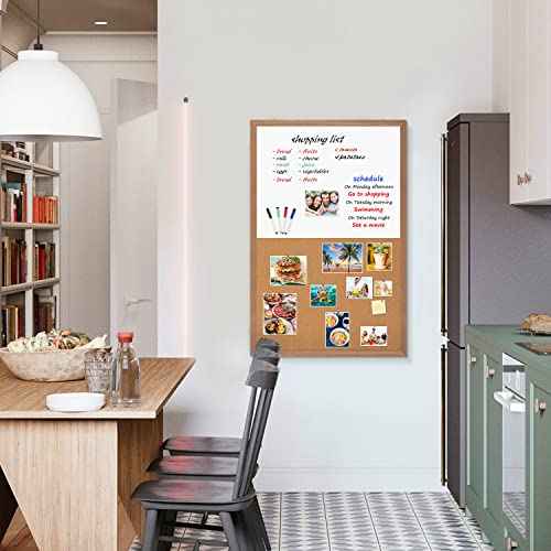 Combination Magnetic Whiteboard Cork Bulletin Board, 24" X 18¡° Combo Dry Erase White Board Cork Pin Board for Wall with Natural Wood Frame¡¦