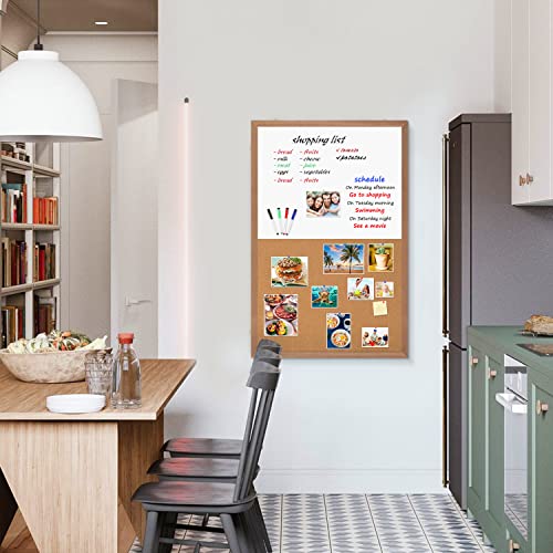 Miou 36x24 Inch Combination Magnetic Whiteboard Cork Bulletin Board - Wall Mount Combo with Natural Wood Frame