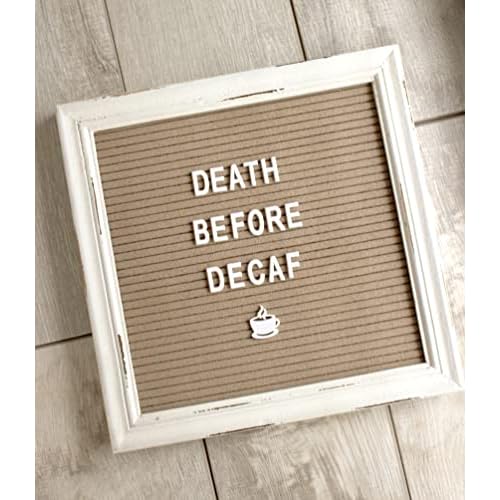 Cappuccino Felt Letter Board Back to School Sign with Rustic Wood White Frame - Farmhouse Letter Board Sign with Stand - Baby Announcement 10x10 Felt Board Changeable Message Board with 350 Letter Set