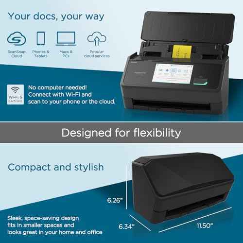 ScanSnap iX2500 Wireless or USB High-Speed Cloud Enabled Document, Photo & Receipt Scanner with Large 5" Touchscreen and 100 Page Auto Document Feeder for Mac or PC, Black