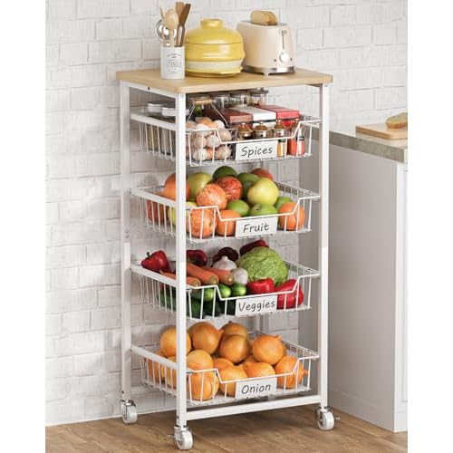 Fruit Vegetable Basket for Kitchen Pantry Storage Organizer, 5-Tier Metal Utility Kitchen Rolling Cart on Wheels with Drawer Rack and Wood Top for Potatoes Onions