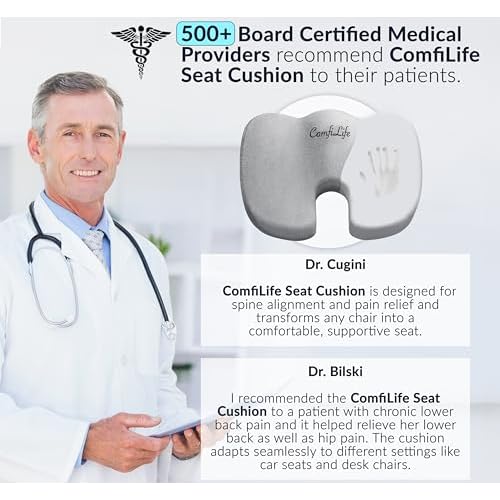 ComfiLife Premium Comfort Seat Cushion - Non-Slip Orthopedic 100% Memory Foam Coccyx Cushion for Tailbone Pain - Cushion for Office Chair Car Seat - Back Pain & Sciatica Relief (Gray)