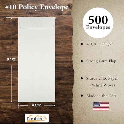 500 Cashier Depot - #10 Policy Envelopes, Open End, 4-1/8 x 9-1/2 Inches, White, 24 lb Paper, Gummed Closure, Business Document Organization, 500 Count