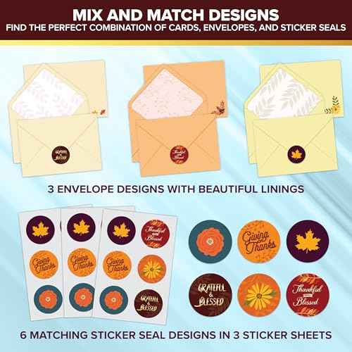 Decorably 18 Pack Foiled 5x7in Thanksgiving Cards Religious with Envelopes and Stickers, 6 Designs Boxed Religious Thanksgiving Cards, with Printed Message Inside