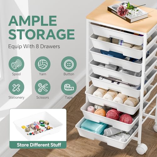 Ekisemio 8-Drawer Rolling Cart with Wooden Top, Locking Wheels — Portable Utility Cart for Home Office Classroom