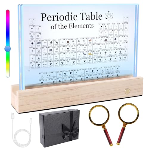 Rafecs Periodic Table with Real Elements Inside, Large Acrylic Periodic Table with Cordless LED Wooden Stand and Magnifier, Chemistry Gifts for Students, Kids, Teacher and Science Lovers
