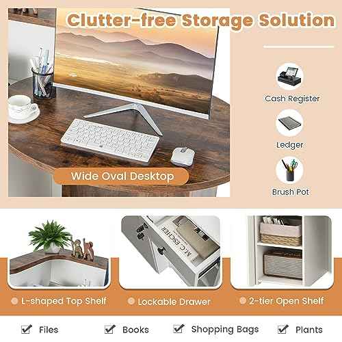 Tangkula Reception Desk, Front Counter Desk with Lockable Drawer & Adjustable Shelf, Oval Desktop, Retail Counter for Checkout, Computer Workstation for Salon Lobby Office, Home Office Desk