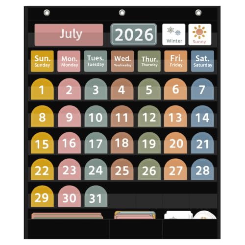 REGELETO Black Boho Calendar Pocket Chart for Classroom & Home, 32.25 x 24.125 inch