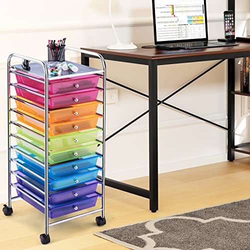 COSTWAY Rainbow 10-Drawer Mobile Storage Cart 13x15x34 Inches
