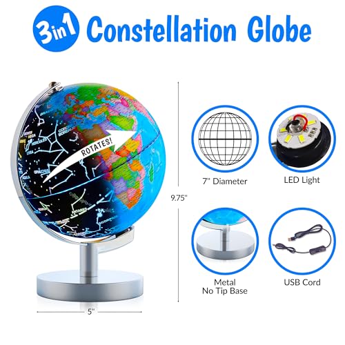 USA Toyz 7.2-Inch Illuminated Globe for Kids Learning with Night Light & Constellation Map