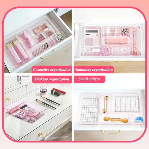 Pink Acrylic Drawer Organizer Trays Set of 25 for Kitchen, Bathroom, Office & Makeup Storage
