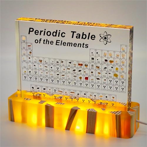 Periodic Table with Real Elements Inside, Amber Lighted Stand Acrylic Periodic Table of Elements Poster, Crafts D?cor Teaching Tool Chemistry Gift for Kids Adults Students Teacher Science Lovers