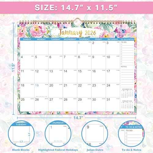 2026 Wall Calendar - January 2026 - December 2026, Calendar 2026, 14.7" x 11.5", 12 Months 2026 Calendar, Spiral Bound, Thick Paper