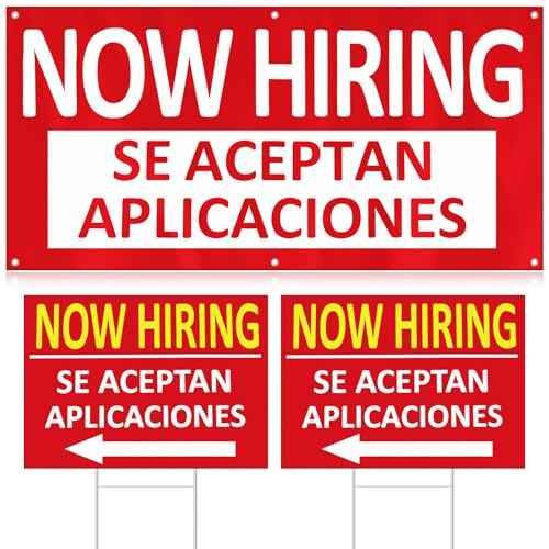1 Pcs 2 x 4 ft Now Hiring Banner and 2 Pcs 18 x 24 Inch Now Hiring Yard Sign with Stakes Se Aceptan Aplicaciones English and Spanish Bilingual Signage Outdoor Indoor for Business and Stores