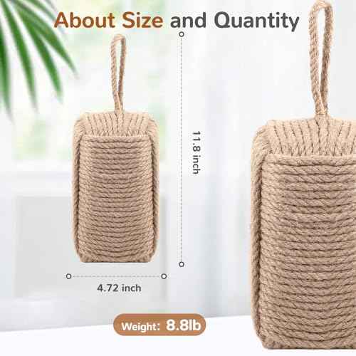 Rope Door Stop Decorative Door Stop with Handle 4.72 ''d x 11.8''h 8.8lb Square Heavy Weighted Stoppers for Outdoor Inside Bottom Home to Keep Open Light Brown