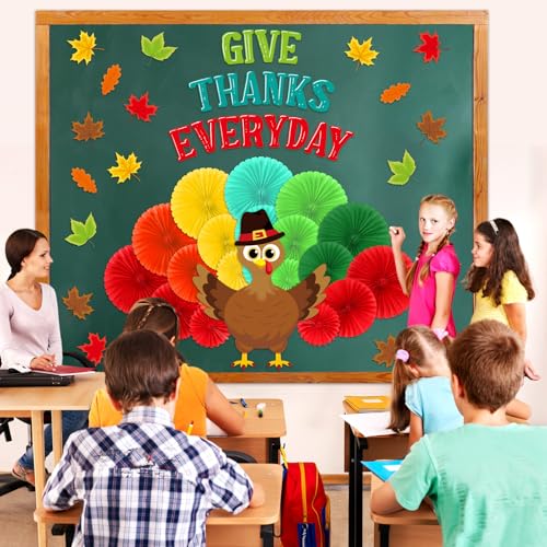 Pajean 65 Pcs Thanksgiving Classroom Decorations Thanksgiving Turkey Bulletin Board Set 3D Fall Turkey Classroom Decoration with Paper Fans for Thanksgiving Autumn Harvest School Chalkboard Wall Decor