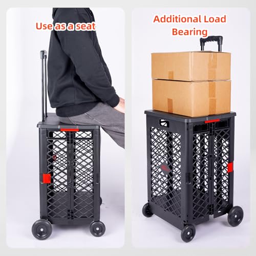 JJRING Mesh Rolling Utility Cart, Foldable Shopping Cart, Heavy Duty Utility Cart with Rolling Wheels for Groceries and Laundry
