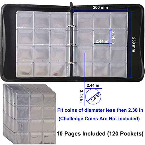 Challenge Coin Display Book Medals Holder for Collectors, 120 Pockets Large Military Coin Collecting Album with Zipper and Handle - Black