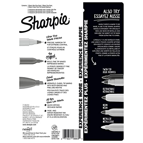 Sharpie Permanent Markers Variety Pack Black 6 Count with Fine, Ultra-Fine & Chisel Tips - Office & School Supplies