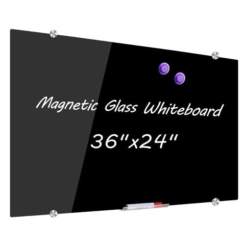 DEVELOP Magnetic Black Glass Dry Erase Board, 90 x 60 cm, Modern Tempered Glass Whiteboard for Wall, Frameless White Board with Marker Tray, 4 Markers, 2 Magnets, 1 Eraser