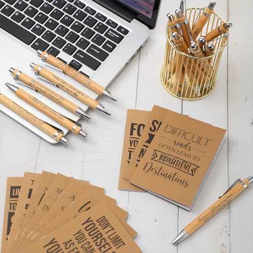 PerKoop 60 Pcs Inspirational Notebooks Motivational Pens Thank You Bamboo Pen Kraft Notebooks Employee Appreciation Gifts Bulk Pocket Journals Party Favors for Adults Nurses Coworkers Team (Quotes)