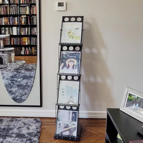 Brochure Display Stand Foldable Magazine Rack, Metal Brochure Holder Literature Rack with Carrying Bag, 4 Pockets Literature Stand for Exhibition Trade Show and Office Retail Store, Black
