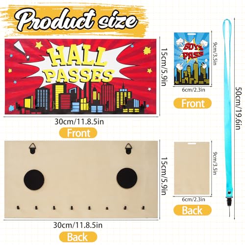 City Hero Wooden Hall Passes Set for Classroom Management with Lanyards - Multi-Colored Teacher Supplies