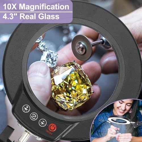 10X Magnifying Glass with Light and Clamp, Real Glass Lens, 5 Color Modes LED Dimmable Magnifier, Hands Free for Crafts, Jewelry, Painting, Sewing, Close Work