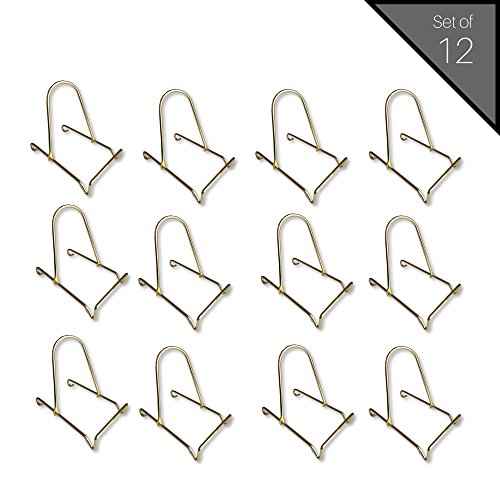 BANBERRY DESIGNS Adjustable Sliding Easels - Smooth Brass Finish Sliding Easels - Set of 12 - Plate Stand - Picture Displayer - Bowl Holder - 4.75" H x 3.5" L