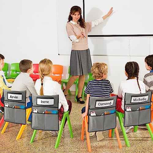 Chairback Buddy Pocket Chart Back of Chair Organizer for Classroom with Name Tag Pocket (GREY-12 PACK)