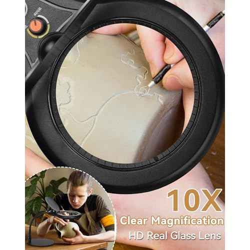 10X Magnifying Glass with Light and Stand, Flexible Gooseneck LED Lighted Desk Lamp, 2200 lumens Multiple Color Modes Stepless Dimming, Hands Free Magnifier for Craft Painting Hobby Reading