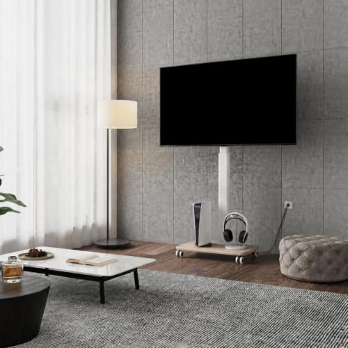 FITUEYES Ivory White Rolling TV Stand with Power Outlets for 32-75 Inch TVs (ETL) – Height Adjustable, 60° Swivel