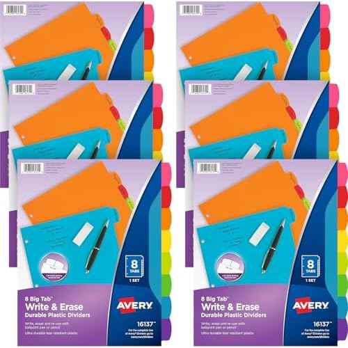 Avery Big Tab Write & Erase Durable Plastic Dividers for 3 Ring Binders, 8-Tab Set, Bright Multicolor, Pack of 6 Sets (16130)
